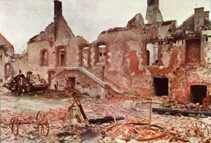 Vernielde gebouwen in een klein stadje tijdens de Slag bij de Marne ten oosten van Parijs, september 1914